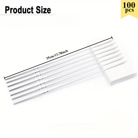 50Pcs 14" Kabob Skewers for Grilling with Push Bar Double Pronged Anti-Roll Flat BBQ Skewers for Grilling Stainless Steel Reusable Kebab Skewers for Meat Chicken Veggie